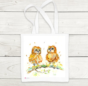 Two Little Owls Printed on a White Tote Bag