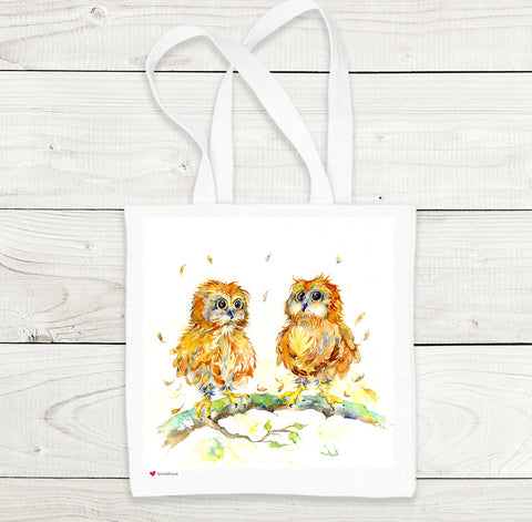Two Little Owls Printed on a White Tote Bag