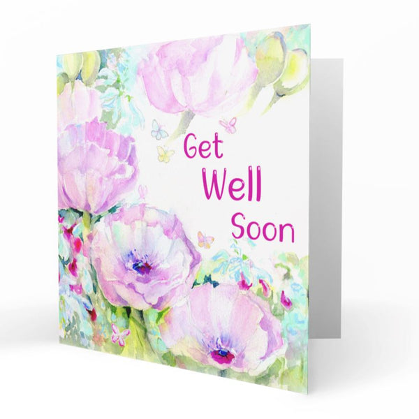 Get Well Soon Pink Poppies Greeting Card designed by artist Sheila Gill