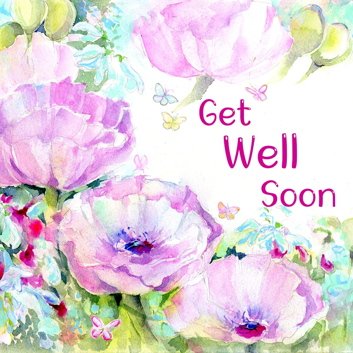 Get Well Soon Greeting Card Pink Poppies Watercolour painted designed by artist Sheila Gill