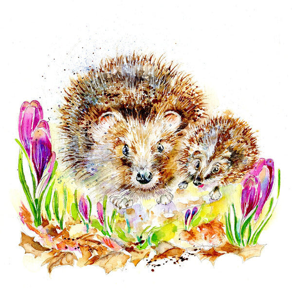 Hedgehog Family Art Picture wildlife art british watercolour designed by artist Sheila Gill
