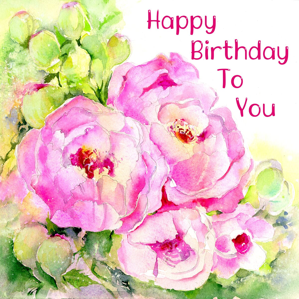 Happy Birthday Pink Peonies Greeting Card designed by artist Sheila Gill