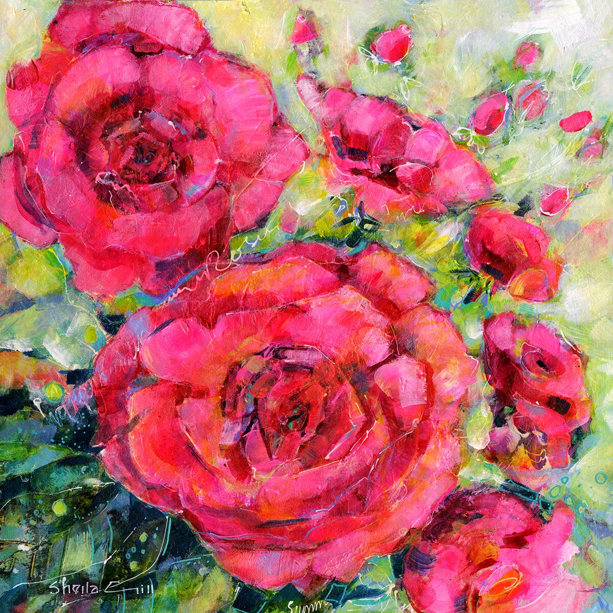 Pink Roses Floral Art Print mixed media painting designed by artist Sheila Gill Home decoration
