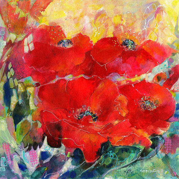 Red Poppy Floral Art Print Mixed media painting designed by artist Sheila Gill
