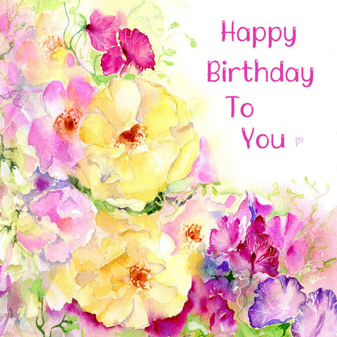 Cottage Garden Flowers Birthday Greeting Card Watercolour painted designed by artist Sheila Gill