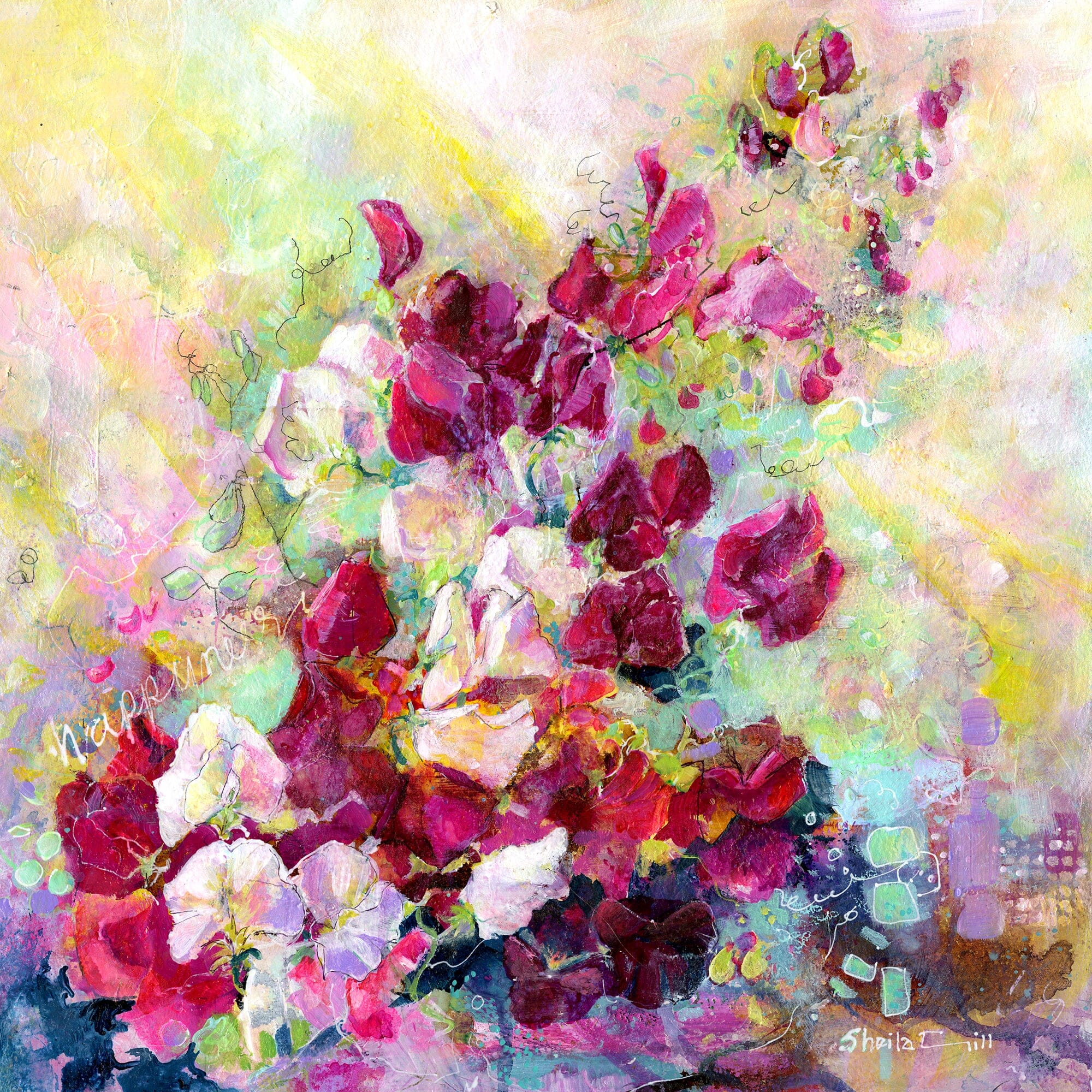 Sweet Peas - Flower Art Print semi abstract watercolour by artist Sheila Gill home decoration
