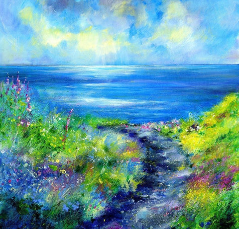 A Beautiful Day - Constantine Bay, Cornwall Seascape Art Print designed by artist Sheila Gill
