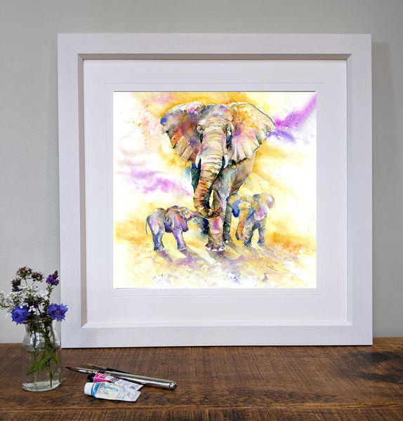 African Elephants Framed Art Print in a white wooden frame designed by artist Sheila Gill