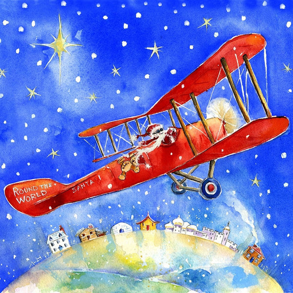 Airplane Around The world Christmas Card Pack Xmas Card Sheila Gill Fine Art 