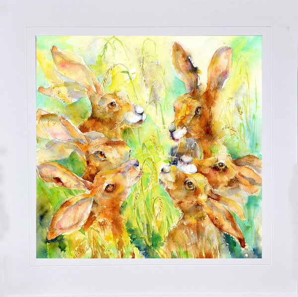 All Ears - Brown Hares Art Print designed by artist Sheila Gill