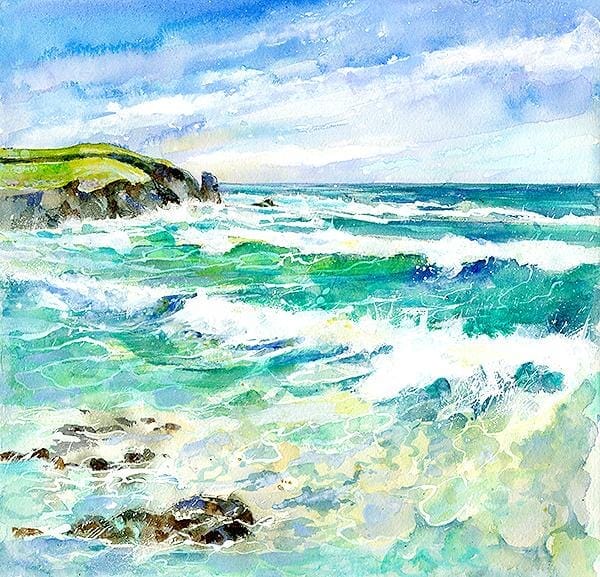 Aqua Seas of Treyarnon, Cornwall Cornish seascape Watercolour picture by artist Sheila Gill
