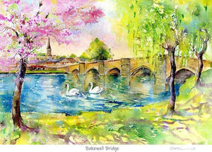 Bakewell Bridge And Village Derbyshire Watercolour landscape Art Print by artist Sheila Gill
