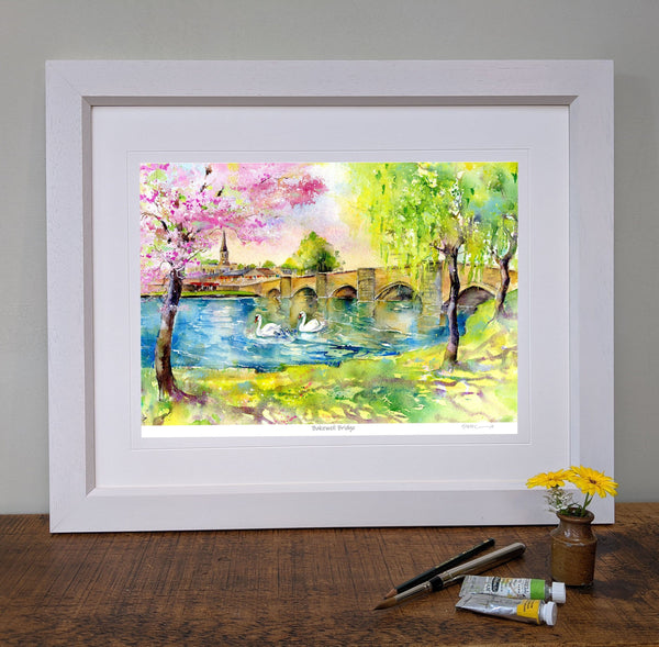 Bakewell Bridge and Village Derbyshire Landscape Framed Art Print designed by artist Sheila Gill