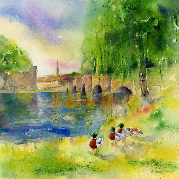 Bakewell Bridge - derbyshire Village Landscape Watercolour Art Print designed by artist Sheila Gill
