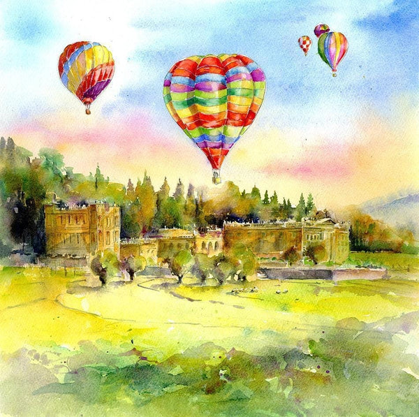 Balloons Over Chatsworth House Derbyshire Watercolour landscape Art Print by artist Sheila Gill
