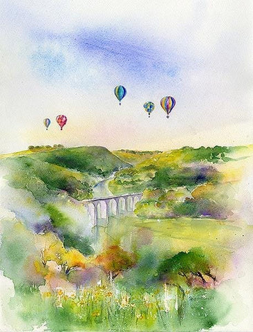 Hot Air Balloons Over Monsal Dale Derbyshire Watercolour Landscape Art Print by artist Sheila Gill
