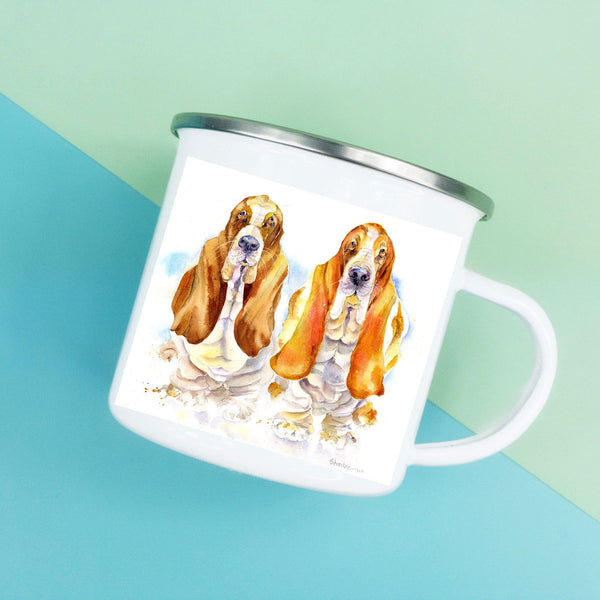 Basset Hound Dogs Enamel Mug designed by artist Sheila Gill