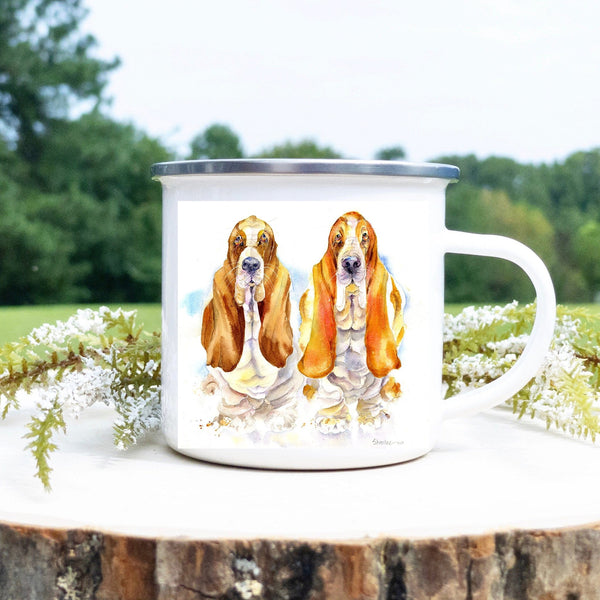 Basset Hound Dogs Enamel Mug designed by artist Sheila Gill