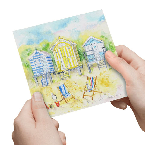Beach Huts Greeting Card designed by artist Sheila Gill