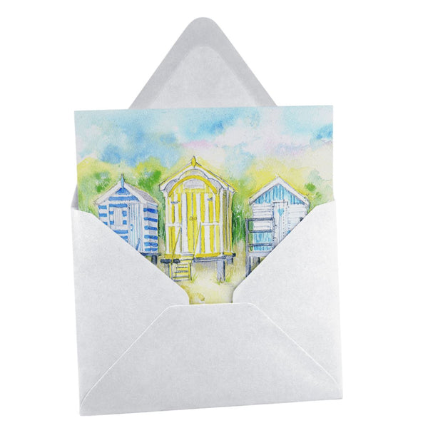 Beach Huts Greeting Card designed by artist Sheila Gill