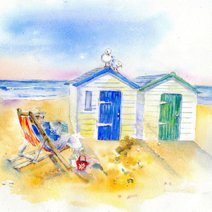 Beach Huts greeting card designed by artist Sheila Gill