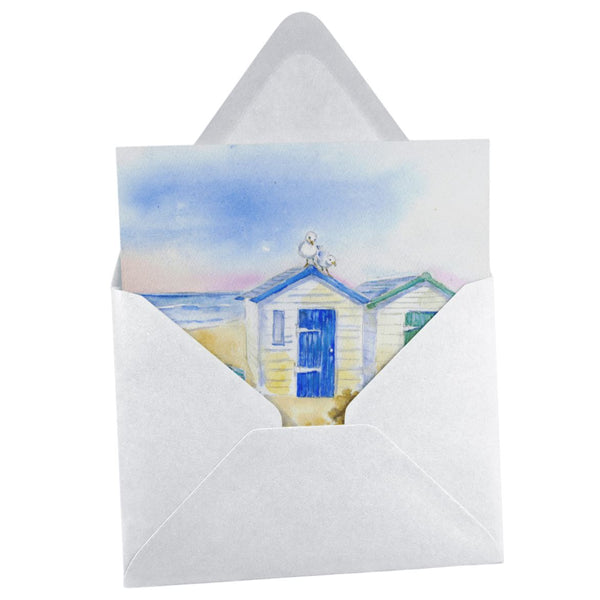 Beach Huts greeting card designed by artist Sheila Gill