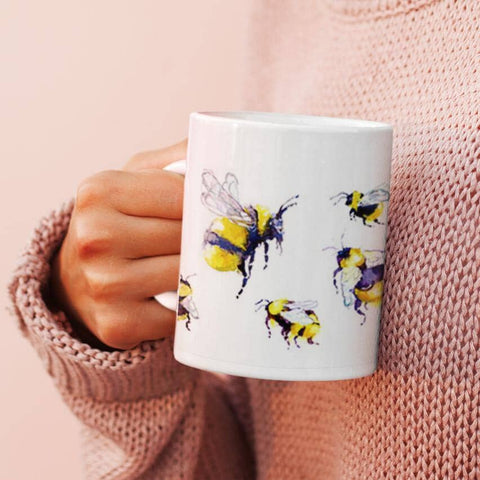 Buzzy Bumble Bees China Mug designed by artist Sheila Gill
