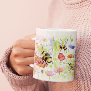 Buzzy bumble Bees in a Meadow China Mug designed by artist Sheila Gill

