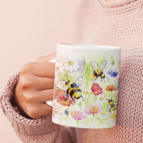Buzzy bumble Bees in a Meadow China Mug designed by artist Sheila Gill
