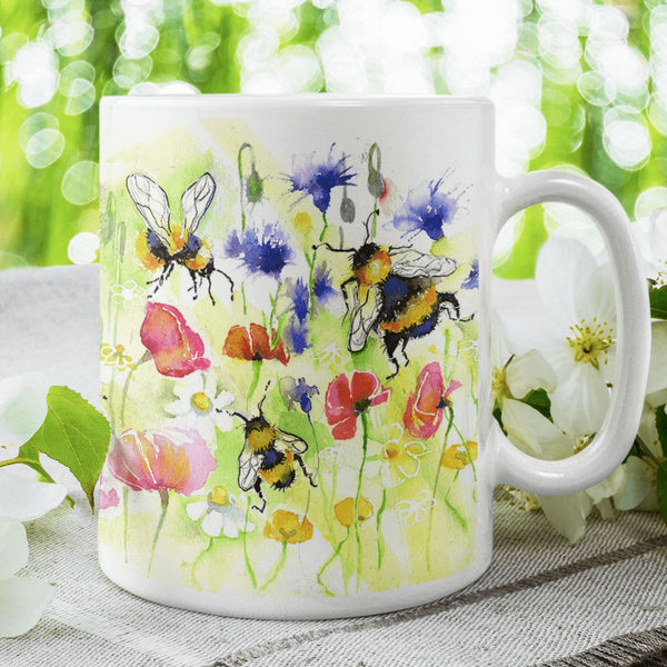 Bees in a Meadow China Mug designed by artist Sheila Gill
