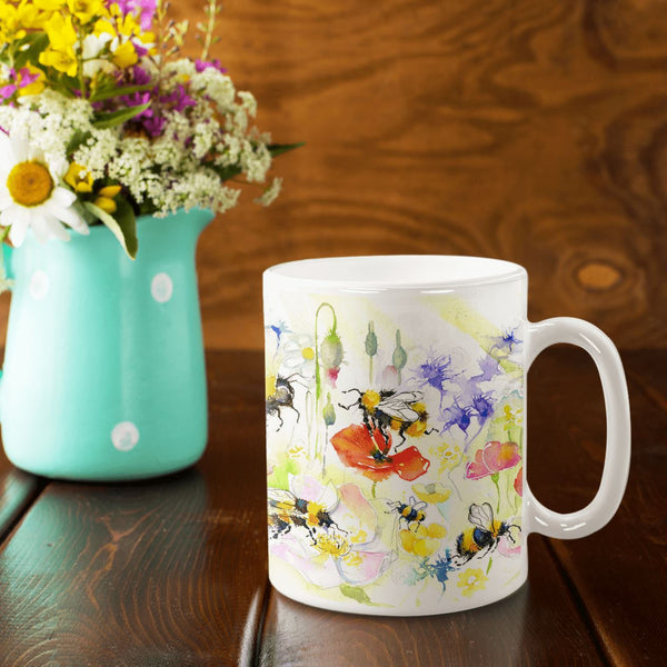 Bees in a Meadow China Mug designed by artist Sheila Gill