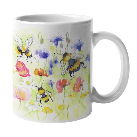 Bees In A Meadow Artist painted bunbl bees Ceramic Mug designed by artist Sheila Gill
