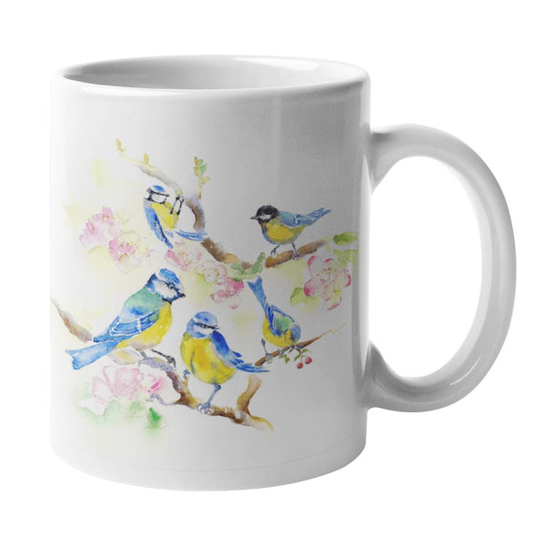 Garden song birds Blue Tits Ceramic Mug watercolor designed by artist Sheila Gill

