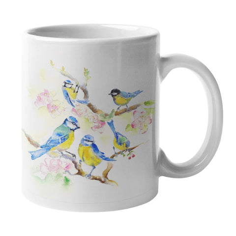 Garden song birds Blue Tits Ceramic Mug watercolor designed by artist Sheila Gill
