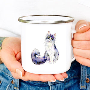 Black and White Pussy Cat Enamel Tin Mug Watercolour designed by artist Sheila Gill

