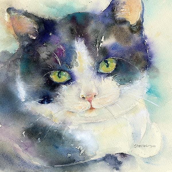Black and White Cat Art Print designed by artist Sheila Gill
