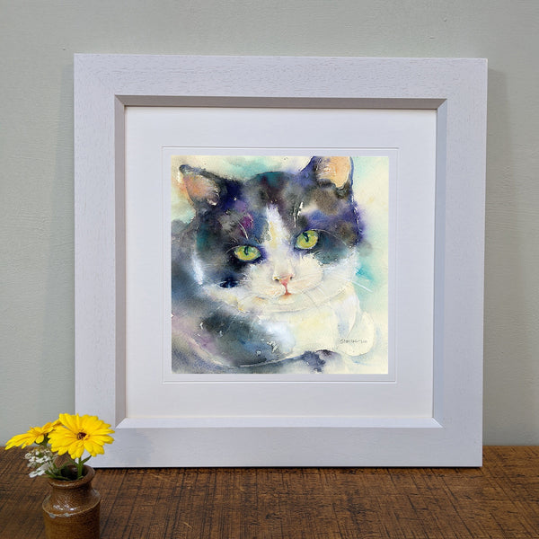 Black and White Cat Art Print designed by artist Sheila Gill