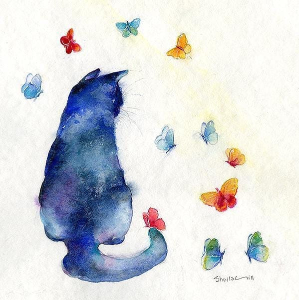 Black Cat Butterfly Greeting Card designed by artist Sheila Gill