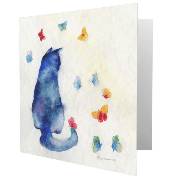 Black Cat Butterfly Greeting Card designed by artist Sheila Gill