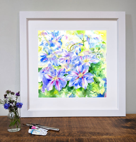 Blue Clematis - Flower Floral home decoration Framed Art Print designed by artist Sheila Gill