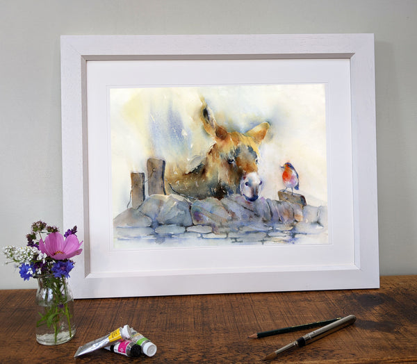 Bob and Rob: Donkey and Robin Art Print designed by artist Sheila Gill
