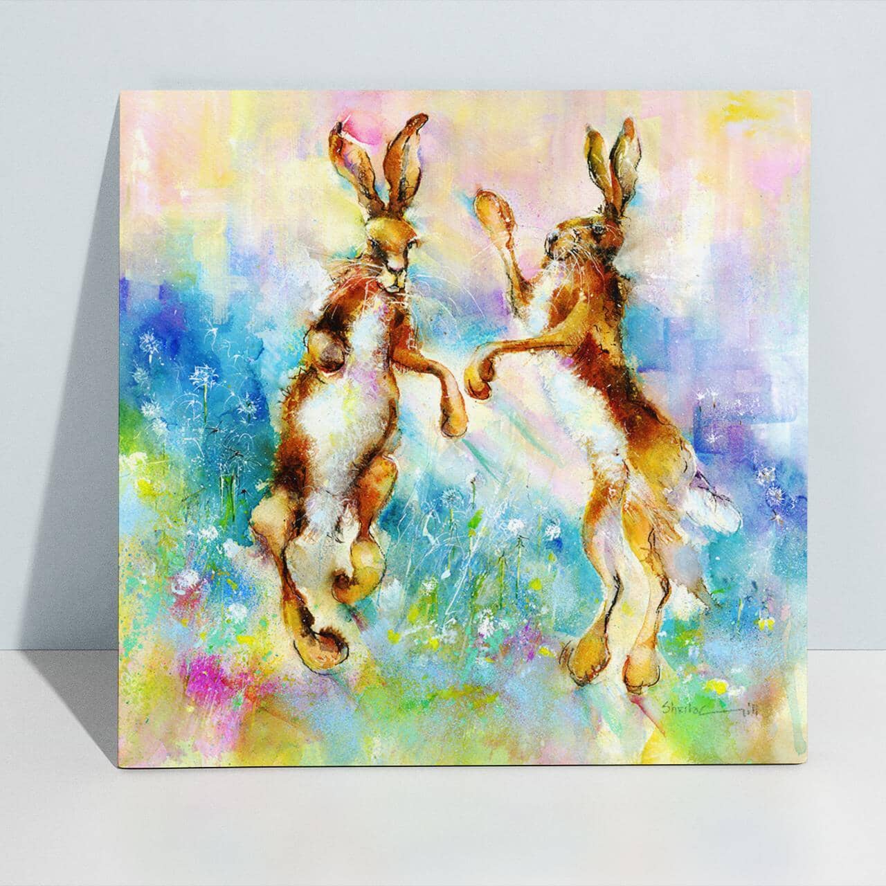 Boxing Brown Hares Canvas Art Print designed by artist Sheila Gill
