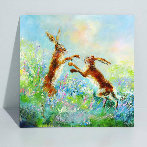 Boxing Hares Canvas Art Print designed by artist Sheila Gill
