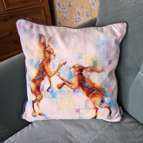 Complete with Synthetic Pad Boxing Hares Cushion Sheila Gill Fine Art