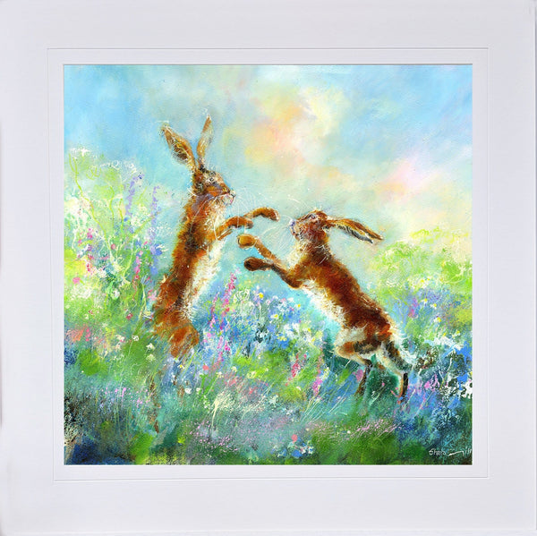 Boxing Hares Art Print designed by artist Sheila Gill
