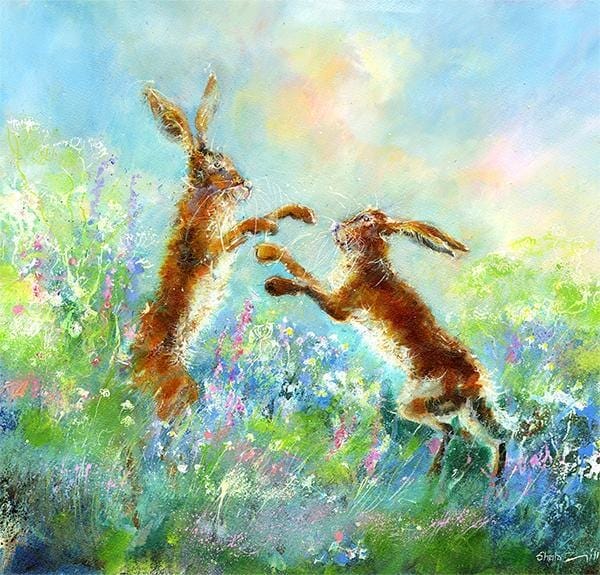 Boxing Hares Art Print designed by artist Sheila Gill
