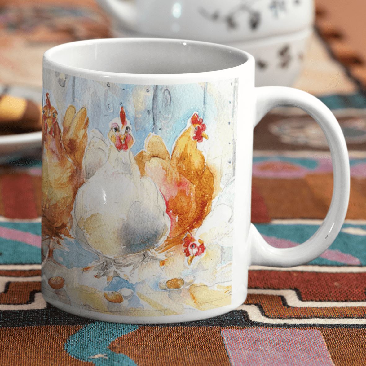 Colourful and Fun Chicken Ceramic Mug designed by artist Sheila Gill