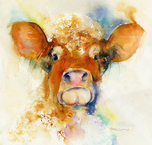 Brown Cow Art Picture watercolour designed by artist Sheila Gill
