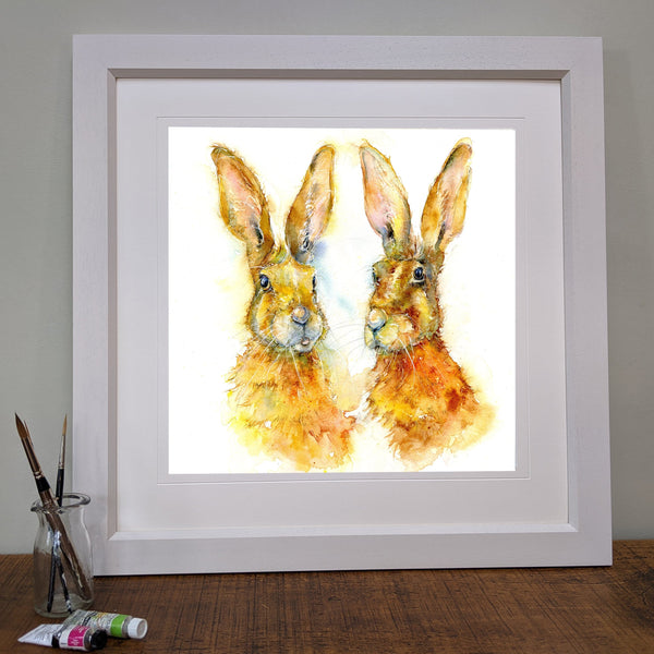 Two Brown Hares Art Print designed by artist Sheila Gill