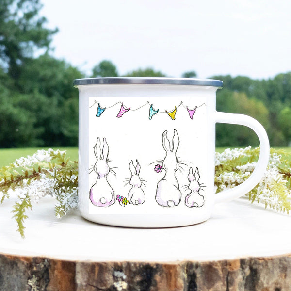 White Bunny Rabbits Enamel Mug designed by artist Sheila Gill
